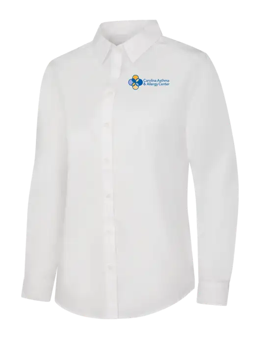 Womens White Long Sleeve Carefree Poplin Shirt w/Carolina Asthma Logo