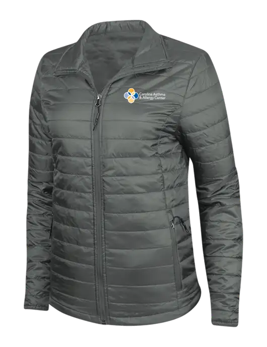 Dark Grey Womens Puffy Packable Jacket w/Carolina Asthma Logo