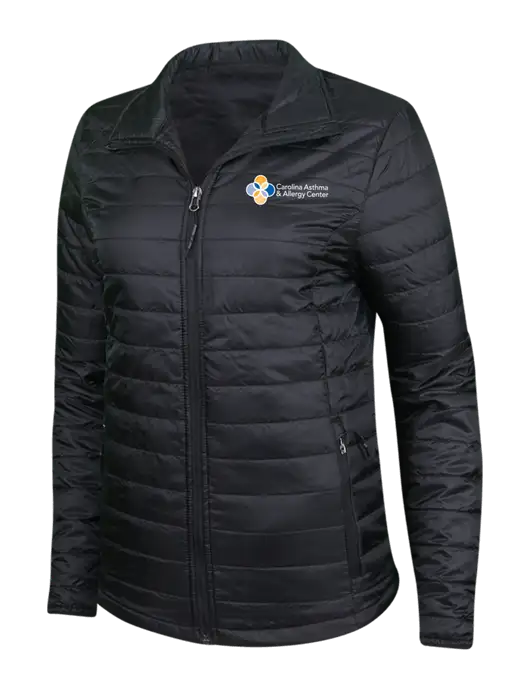 Womens Black Puffy Packable Jacket w/Carolina Asthma Logo