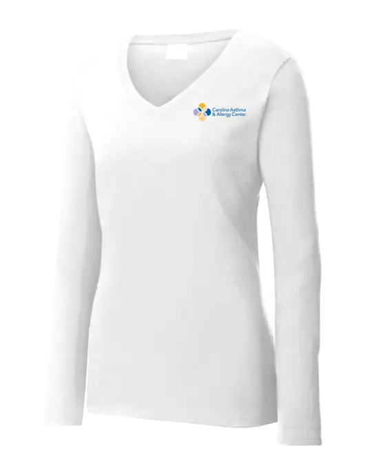 Womens  V-Neck Ring Spun White 4.5 oz Long Sleeve T-Shirt w/Carolina Asthma Logo
