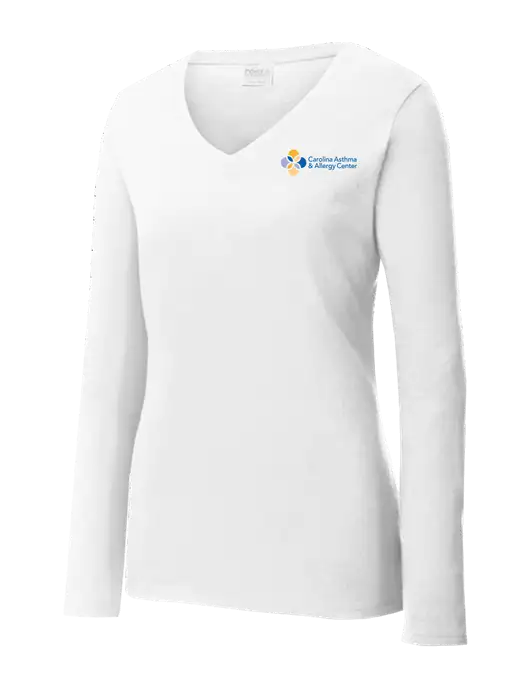 Womens  V-Neck Ring Spun White 4.5 oz Long Sleeve T-Shirt w/Carolina Asthma Logo