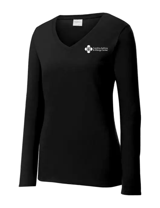 Womens V-Neck Ring Spun Jet Black 4.5 oz Long Sleeve T-Shirt w/Carolina Asthma Logo