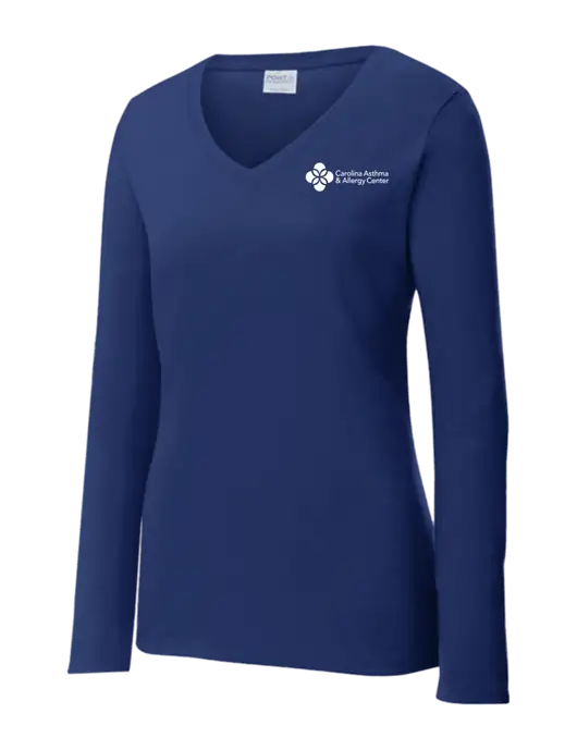 Womens  V-Neck Ring Spun Navy 4.5 oz Long Sleeve T-Shirt w/Carolina Asthma Logo