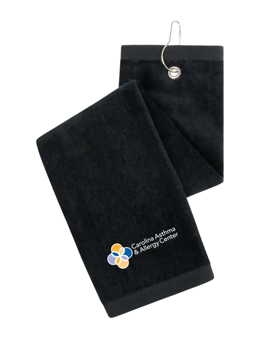 Black Tri-Fold Golf Towel with Grommet w/Carolina Asthma Logo