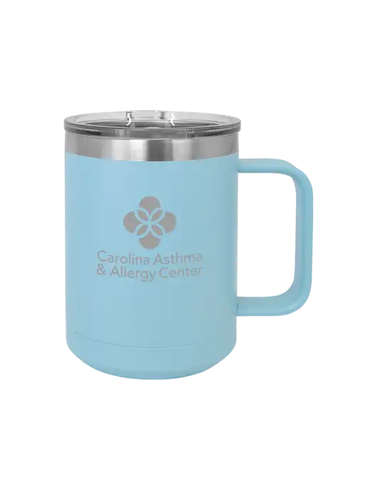 Polar Camel 15 oz Powder Coated Light Blue Vacuum Insulated Mug with Slider Lid w/Carolina Asthma Logo