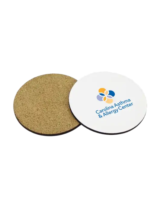 Gloss White Hardboard Round Coaster w/Cork Back, 3.75 w/Carolina Asthma Logo