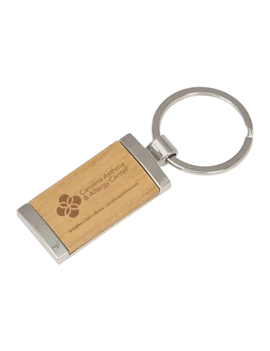 Wood & Silver Rectangle Keychain w/Carolina Asthma Logo