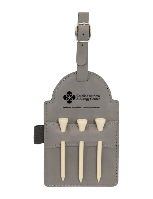 Grey Leatherette Golf Bag Tag with 3 Wooden Tees w/Carolina Asthma Logo