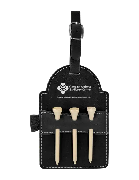 Black Leatherette Golf Bag Tag with 3 Wooden Tees w/Carolina Asthma Logo