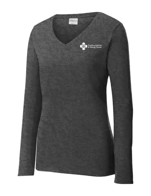 Womens  V-Neck Ring Spun Dark Heather Grey 4.5 oz Long Sleeve T-Shirt w/Carolina Asthma Logo