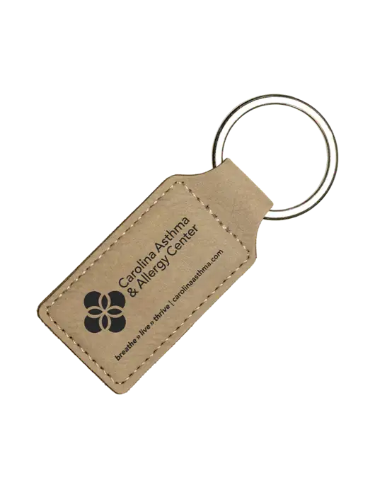 Tan Laserable Leatherette Rectangle Keychain w/Carolina Asthma Logo