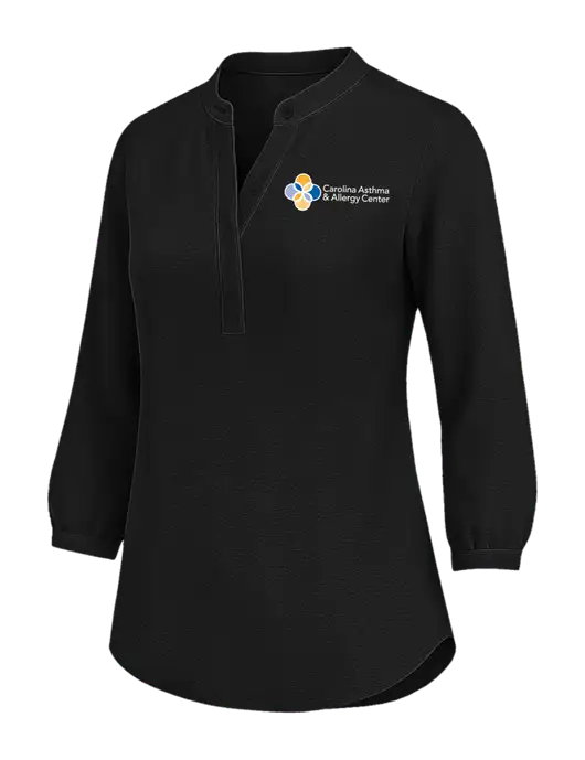 Womens Three Quarter-Sleeve Textured Black Crepe Tunic w/Carolina Asthma Logo