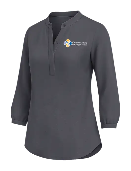 Womens Three Quarter-Sleeve Textured Dark Grey Crepe Tunic w/Carolina Asthma Logo